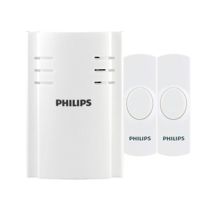 Philips Wireless Doorbell Kit, Plug-In Reciever, 2 Push Buttons, 8 Melodies, 4 Volume Levels, 150 Ft Range, White, DES2280W/27