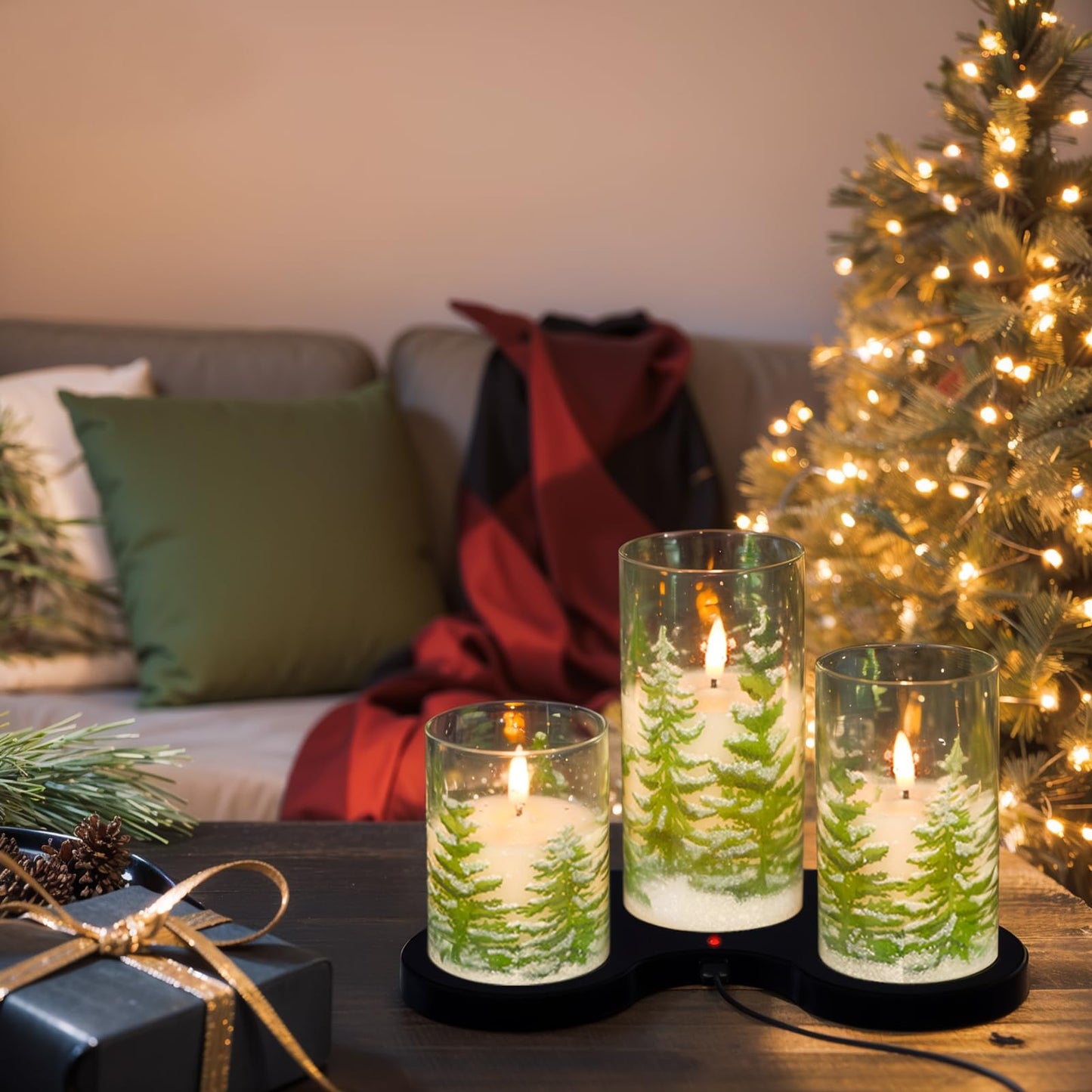 Wondise Rechargeable Christmas Glass Flameless Candles with Remote Timer, Battery Operated LED Real Wax 3D Wick Candles with Charging Base, Set of 3 Christmas Home Decoration Gifts(3 x 4 5 6 Inch)