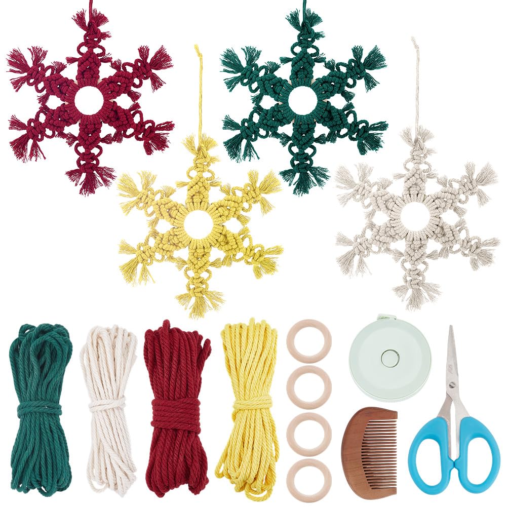 FREEBLOSS 4 Set DIY Macrame Snowflake Kit Christmas Macrame Ornaments Woven Wall Hanging Kit with Instruction Christmas Handmade Wall Hanging for Home Birthday Wedding Party Decor