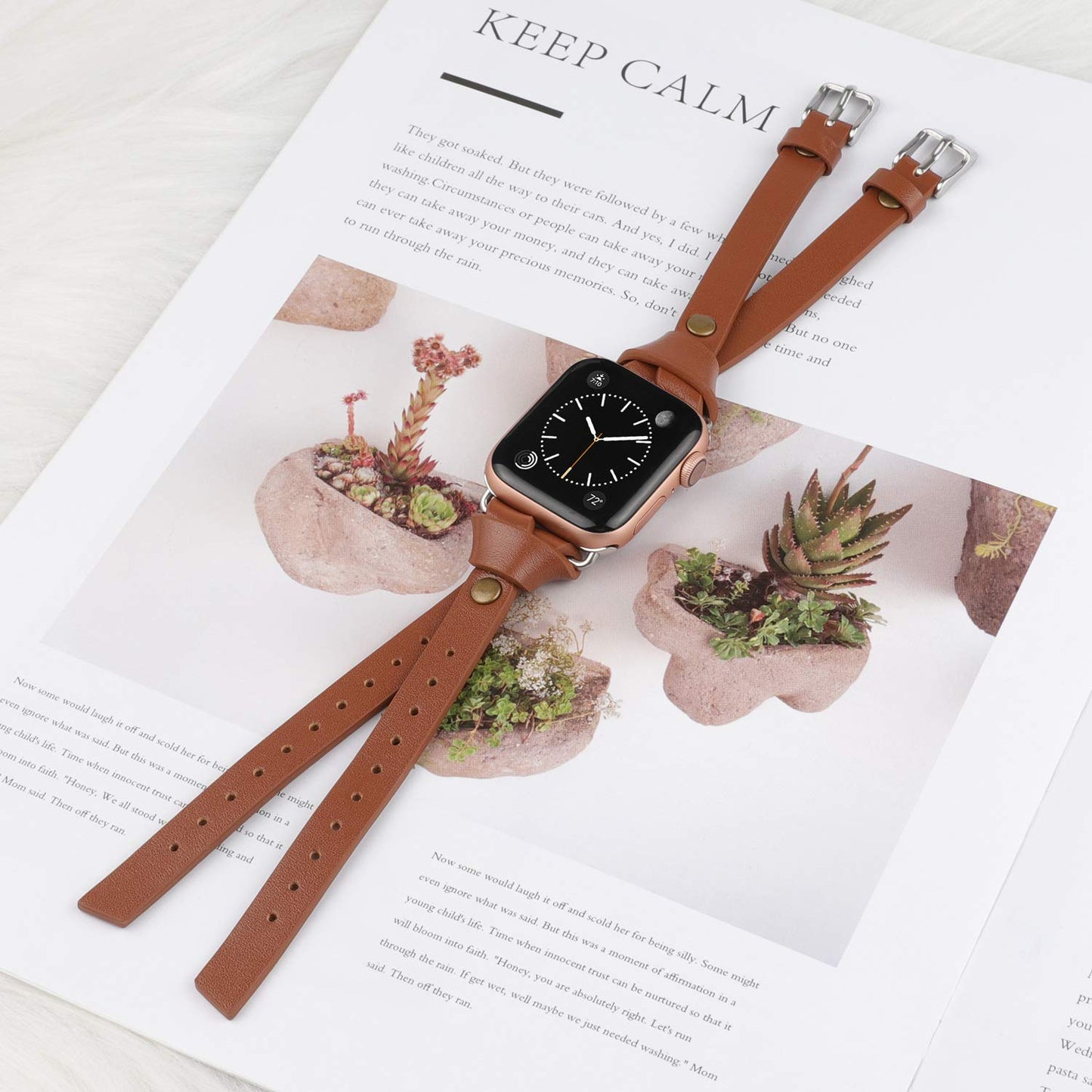 Minyee Leather Band Compatible with Apple Watch Bands 38/40/41/42mm Women, Slim Double Knotted Fasten with Rivet Stylish Dressy Strap for iWatch Series 11 10 9 8 7 6 5 4 SE/Ultra 3 2 1, Light Brown