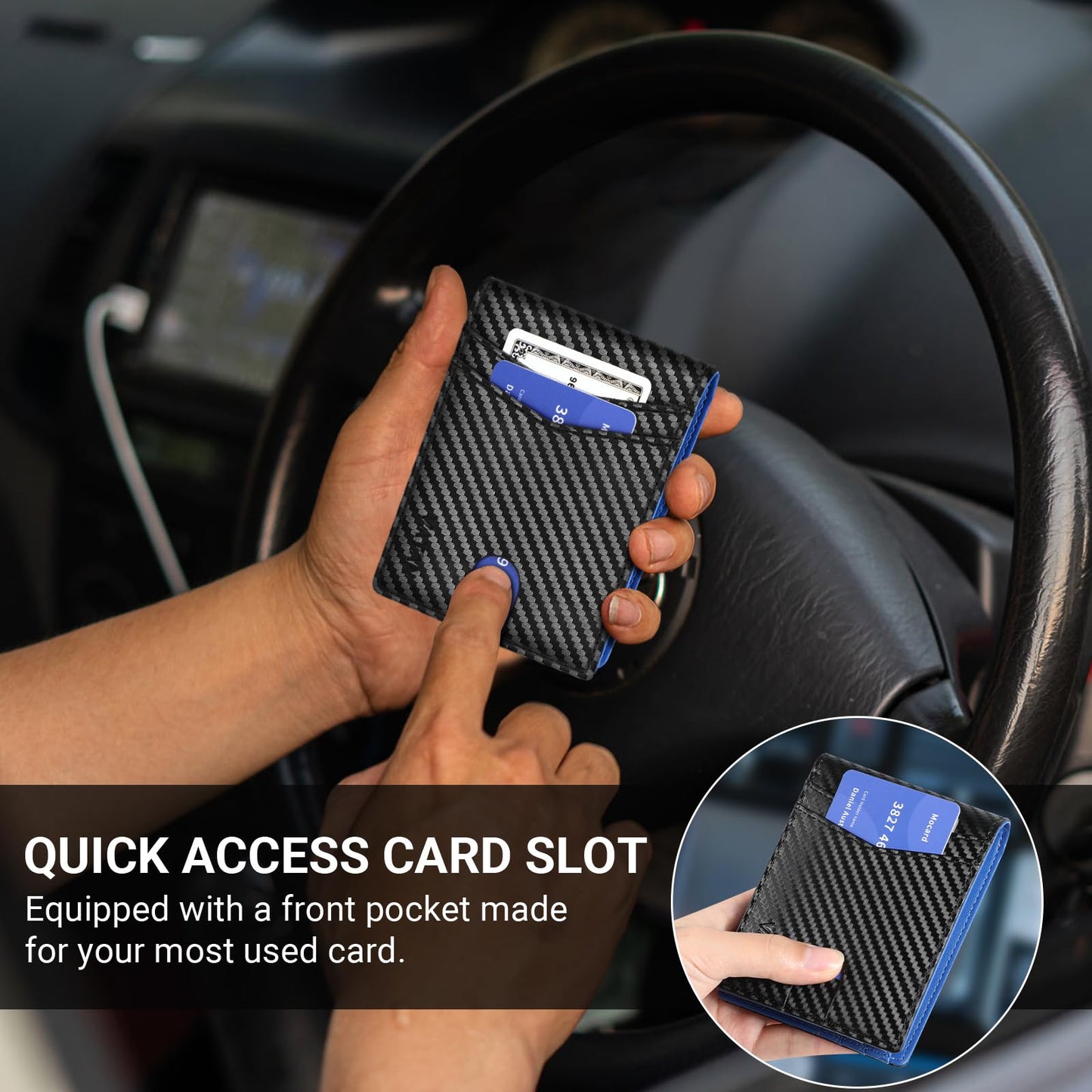 VATAN Wallet for Men Slim RFID Blocking Leather Credit Card Holder Wallet for 15 Cards, Bifold Minimalist Thin Wallet with 2 ID Windows & Cash Slot, With Gift Box (Carbon Black and Blue)