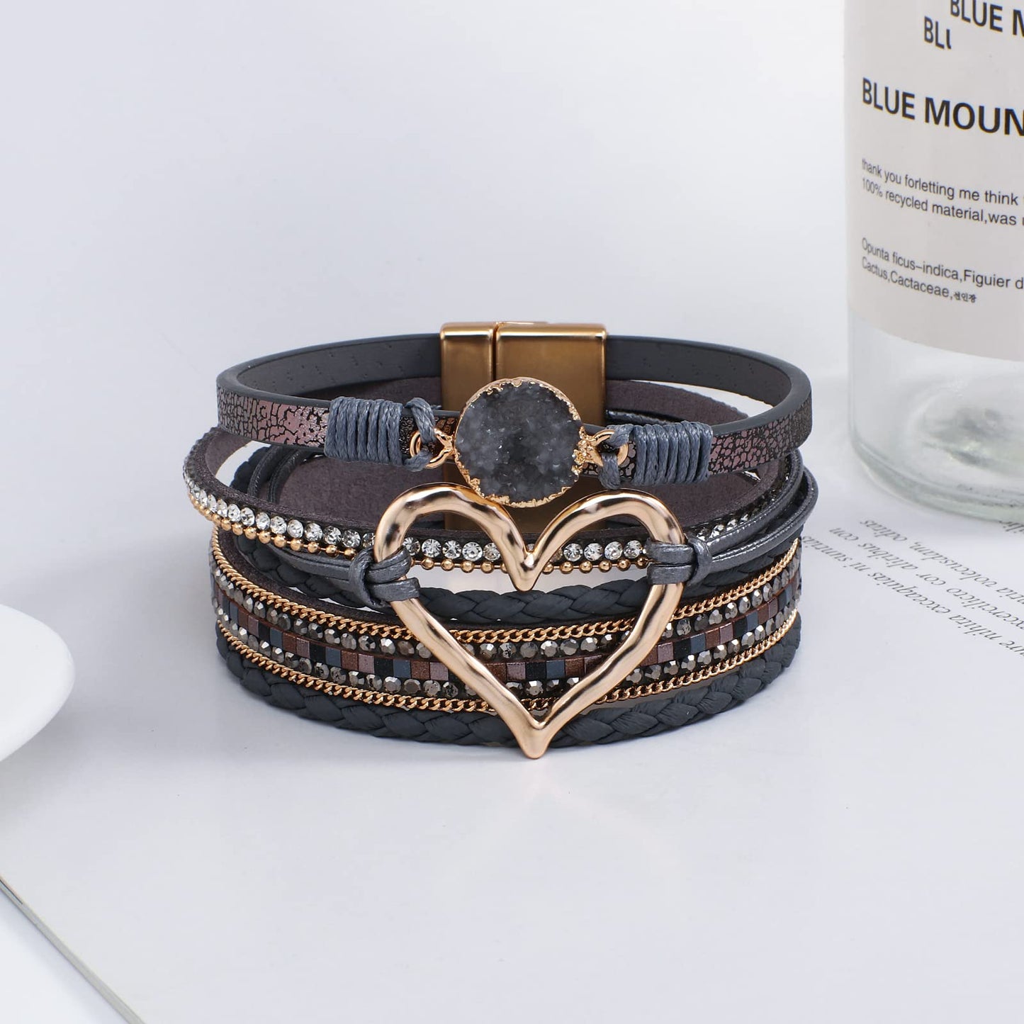 hotoo Leather Wrap Bracelet for Women Gray Beaded Cuff Bracelet with Heart-shape Decor Bohemian Crystal Bracelet Jewelry with Clasp Bangle Bracelet for Women Birthday Holiday Gift