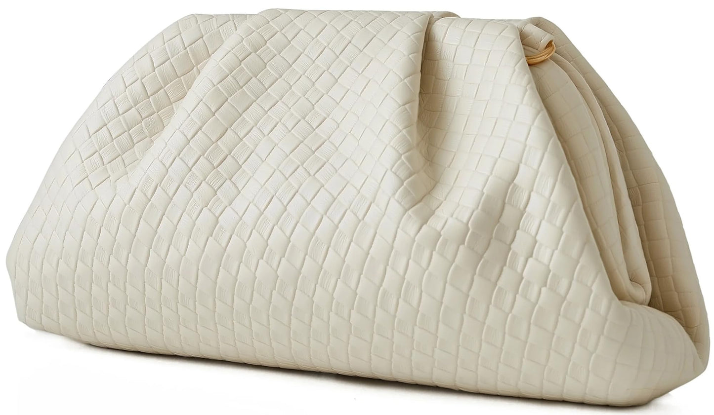 ChrisWish Women's Woven Evening Bag Ruched Dumpling Clutch Purse Detachable Chain Crossbody Bag(Beige White)