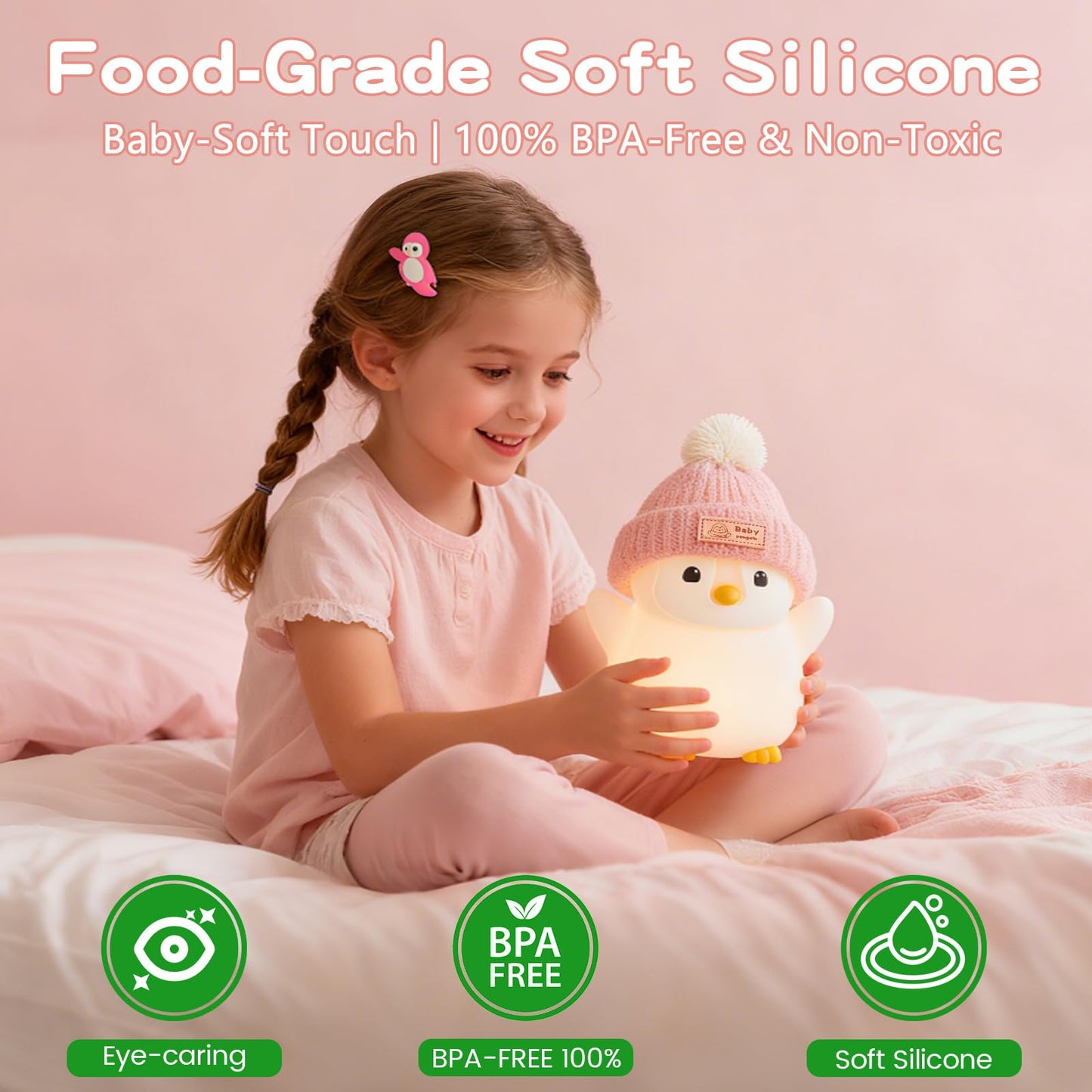 FAMIDUO Pink Penguin Night Light with Knit Hat - Squishy Silicone Rechargeable LED Bedside Lamp, Dimmable Timer for Baby Nursery, Cute Animal Nightlight, Adorable Penguin Gift for Boys Girls Toddlers