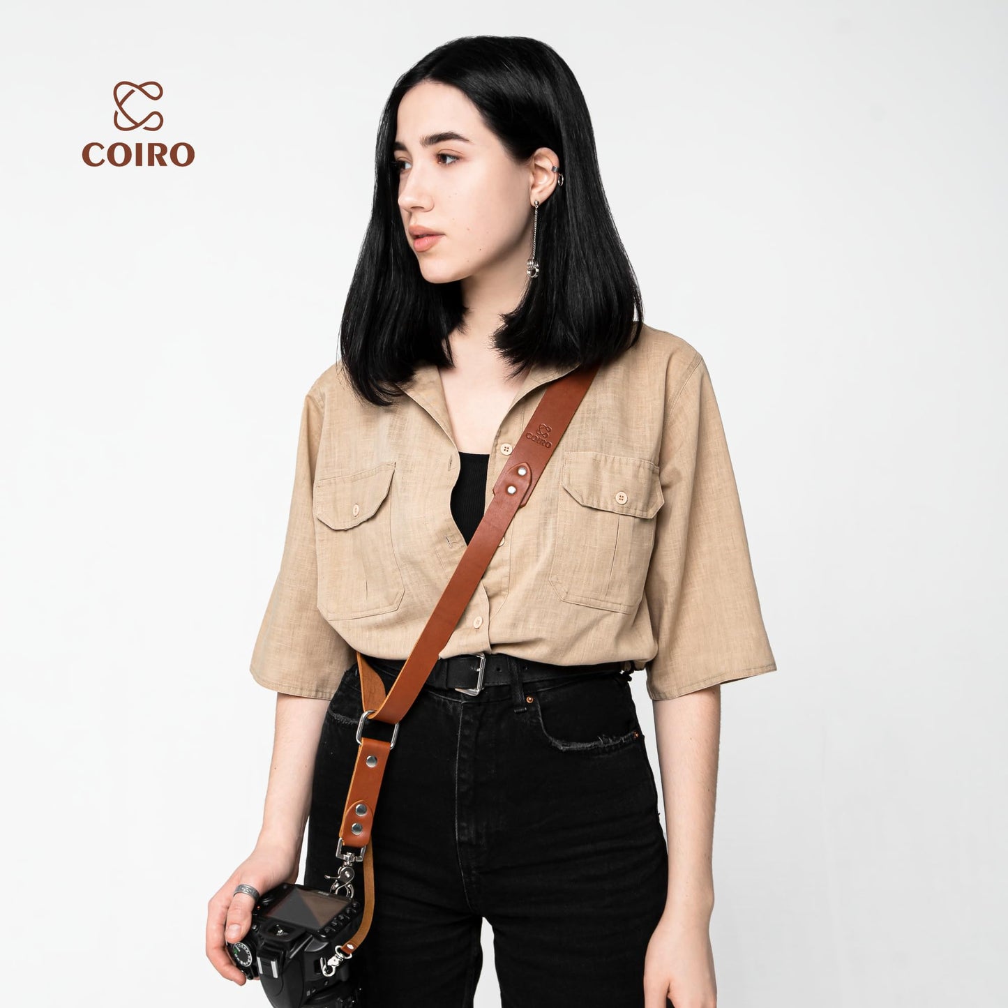 C Coiro Leather Camera Strap for One Camera - Professional Single Leather Harness Shoulder Strap Quick Release Gear DSLR/SLR, Camera Accessories for Photography, Tan