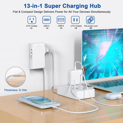 Flat Plug Power Strip Surge Protector, 5ft Ultra Thin Extension Cord with 4 USB Wall Charger(2 USB C Port), 6 Widely-Spaced Outlets Power Strip Compact for Travel, Office, Dorm Room Essentials (White)