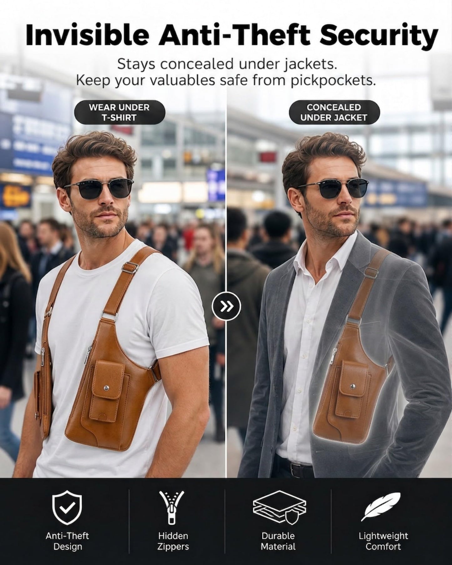 Taadyin Large Double Shoulder Armpit Bag for Men, PU Leather Anti-Theft Underarm Holster Shoulder Wallet for Travel Cycling (Brown)