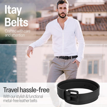ITAY Metal Free Hypoallergenic Leather TSA Belt Strap, Adjustable Nickel Free Mens Belt, Non Metal Belts for Men, Strudy Airport Friendly TSA Belts for Men