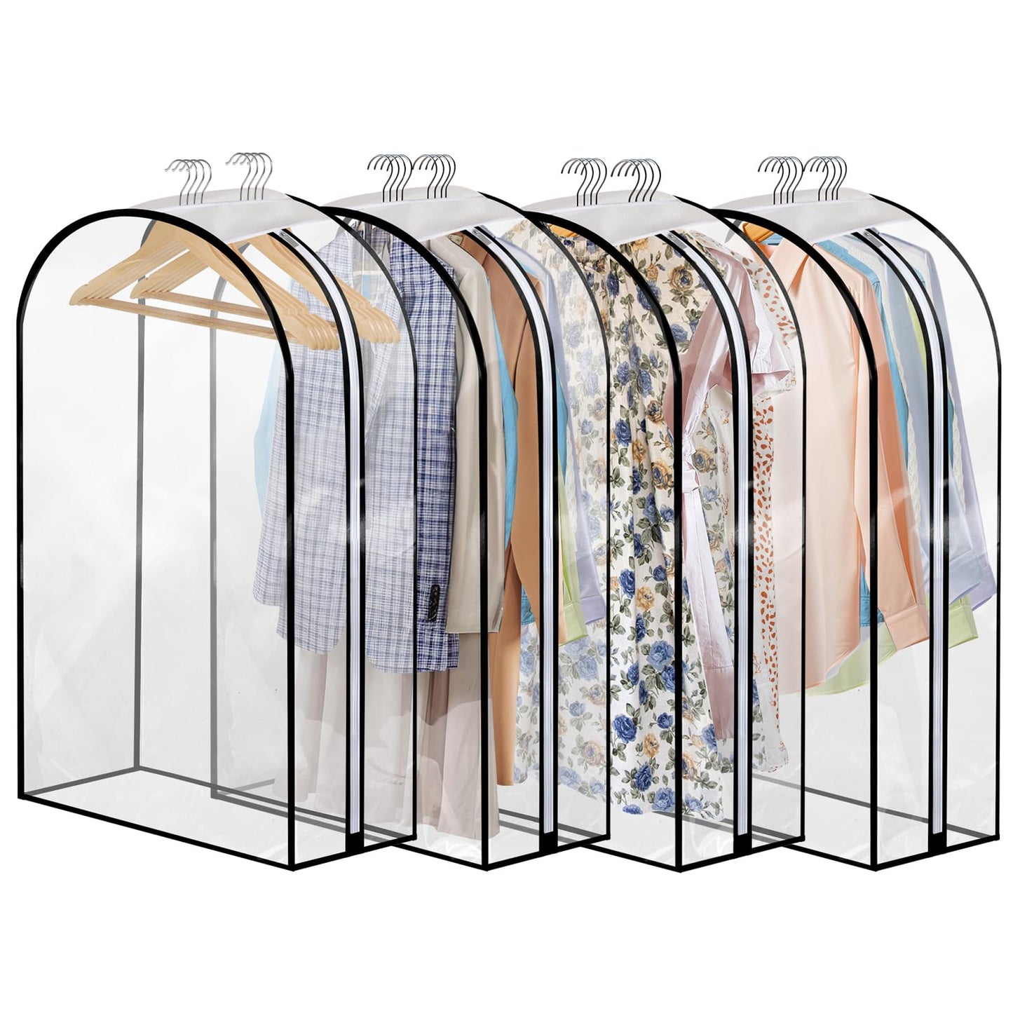 4 Pack Full Clear Garment Bags with Side Zipper, 40" Clothes Covers with 10" Gusset, Transparent Hanging Suit & Coat Covers for Closet Storage, Jackets, Dresses, Windbreakers