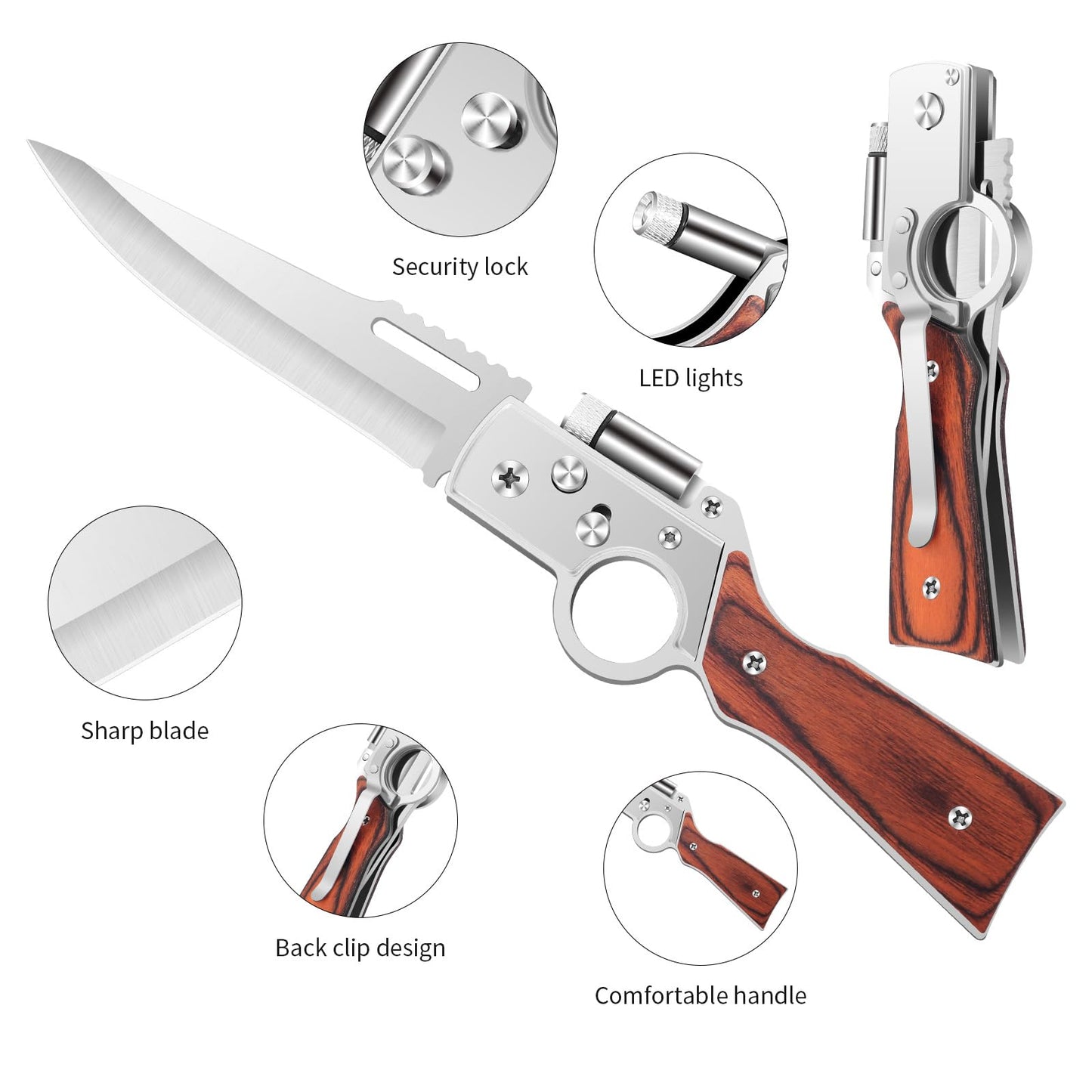 Uninuou AK47 Style Tactical Folding Knife 4-Pack – Bulk Set with LED Light, Wood Handle, Laser Engraving Ready, Groomsmen Gifts for Men, Outdoor Camping Hiking Gear (4)