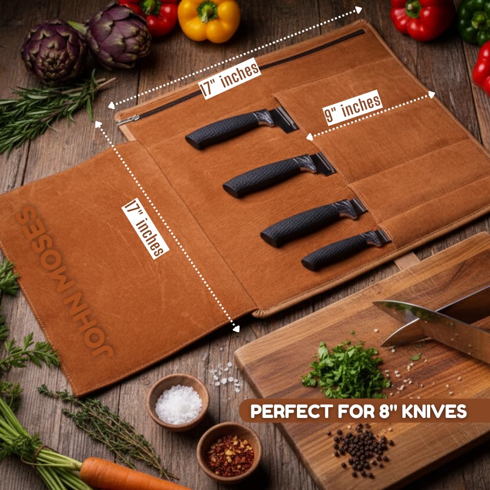Leather Knife Roll Bag Professional Chef Knife Case, Cooks & Culinary Tools Carrying Storage, Durable Knife Sheath Holder, Portable Knife Wrap - 4 Slots