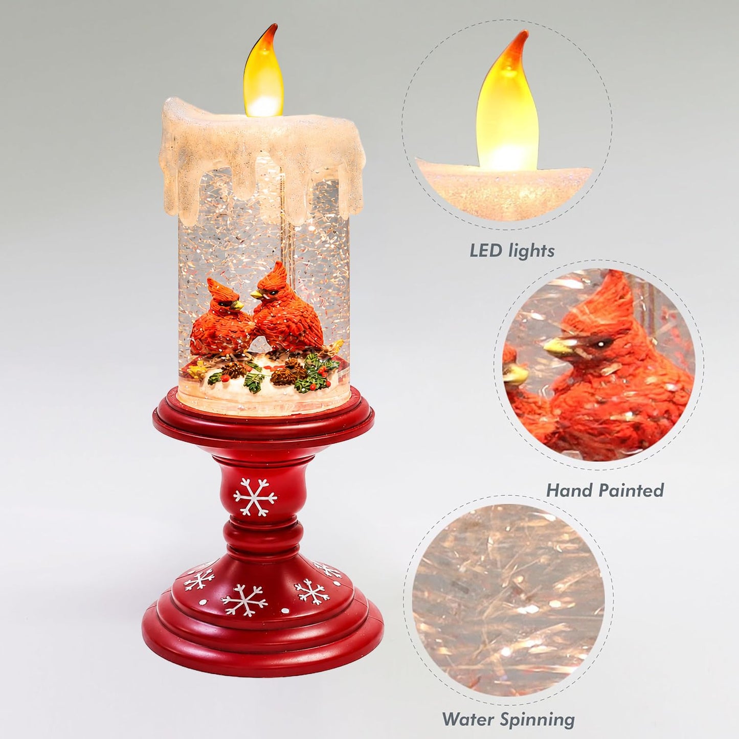 MOMENTS IN TIME LED Lighted Spinning Water Candle with Cardinals 10”H Acrylic Glitter Candle Decor Battery Operated Christmas Decoration Light-Up Holiday Lantern for Home Décor