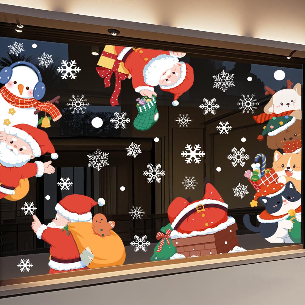Extra Large Christmas Sticker Santa Claus Snowman Window Clings Stickers for Glass, Cartoon Windows Static Stickers, Snowflake DIY Wall Window Door Mural Showcase Decal Sticker (Santa Claus)