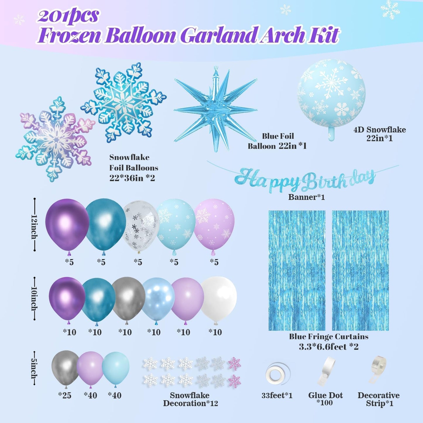 212pcs Frozen Balloon Arch Garland Kit, Blue Purple White Balloons with Fringe Curtain Snowflake Balloons Birthday Banner for Winter Wonderland 3th 4th Frozen Birthday Party Decorations