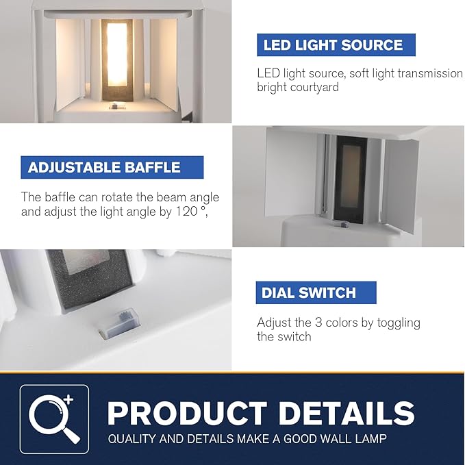 White Wall Sconces Set of Two,3 Color Temperatures Hardwired Up and Down Outdoor Lights,15W Indoor Wall Sconce,4.33 Inch Exterior/Interior Wall Lights for Living Room Bedroom Hallway Porch Yard 2 Pack