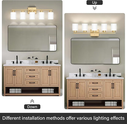 Gold Bathroom Light Fixtures, 5-Light Modern Vanity Light Over Mirror, Wall Sconces with Milky White Frosted Glass Shades, E26 Socket (Bulbs Not Included)