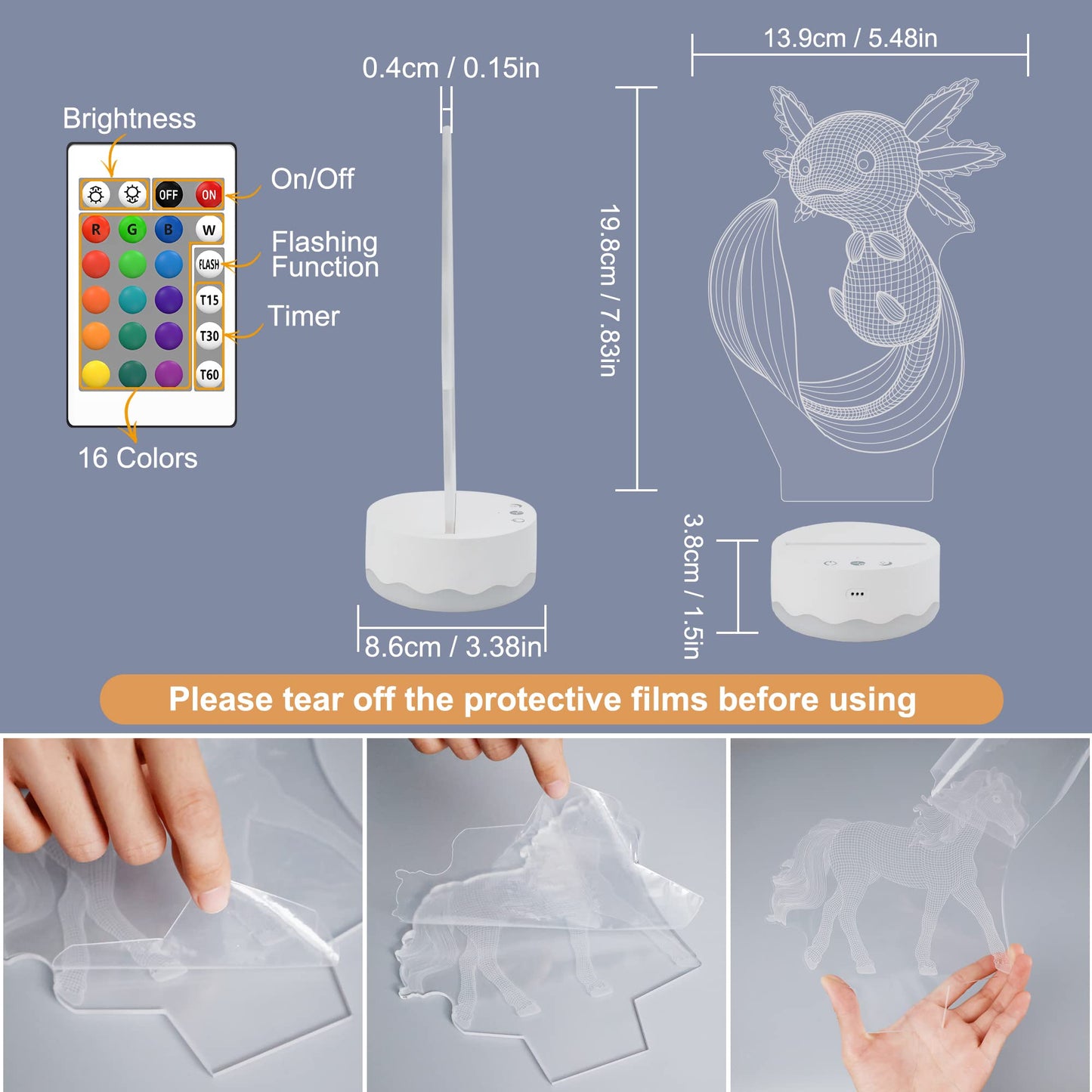 Axolotl Night Light, 3D Illusion lamp with Remote + Touch 16 Color Flashing Changing + Timer Desk Lamps Kids Room Decor Best Festival Birthday Gifts (Axolotl)