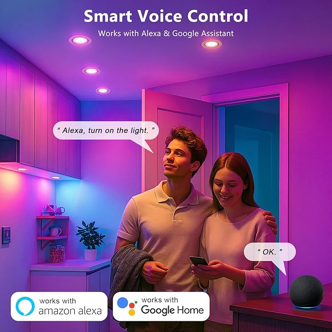 6 Pack 2 Inch Smart LED Recessed Lighting, 5W WIFI Recessed LED Lights, Dimmable RGB & CCT 2700-6500K Color Changing, 110V Recessed Light Compatible with Alexa and Google Home, with LED Driver
