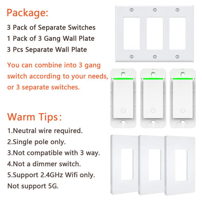 Milfra Smart Light Switch-Smart WiFi Switch 2.4Ghz Compatible with Alexa, Google Assistant,Remote Control/Voice Control and Schedule, Neutral Wire Required, Single-Pole, No Hub Required (4 Pack)