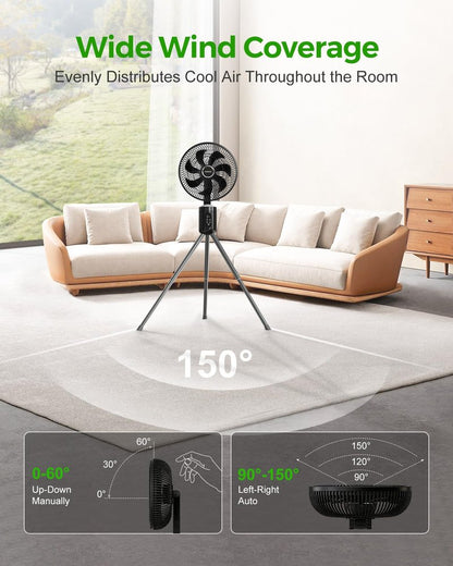 YOKEKON Outdoor Standing Fan for Patio,12" Rechargeable Cordless Pedestal Fan,Hanging 12000mAh Battery Operated Oscillating Fan with Remote,Light, Quiet,8 Speeds,Timer,Gazebo/Deck/Porch/Pergola,Black