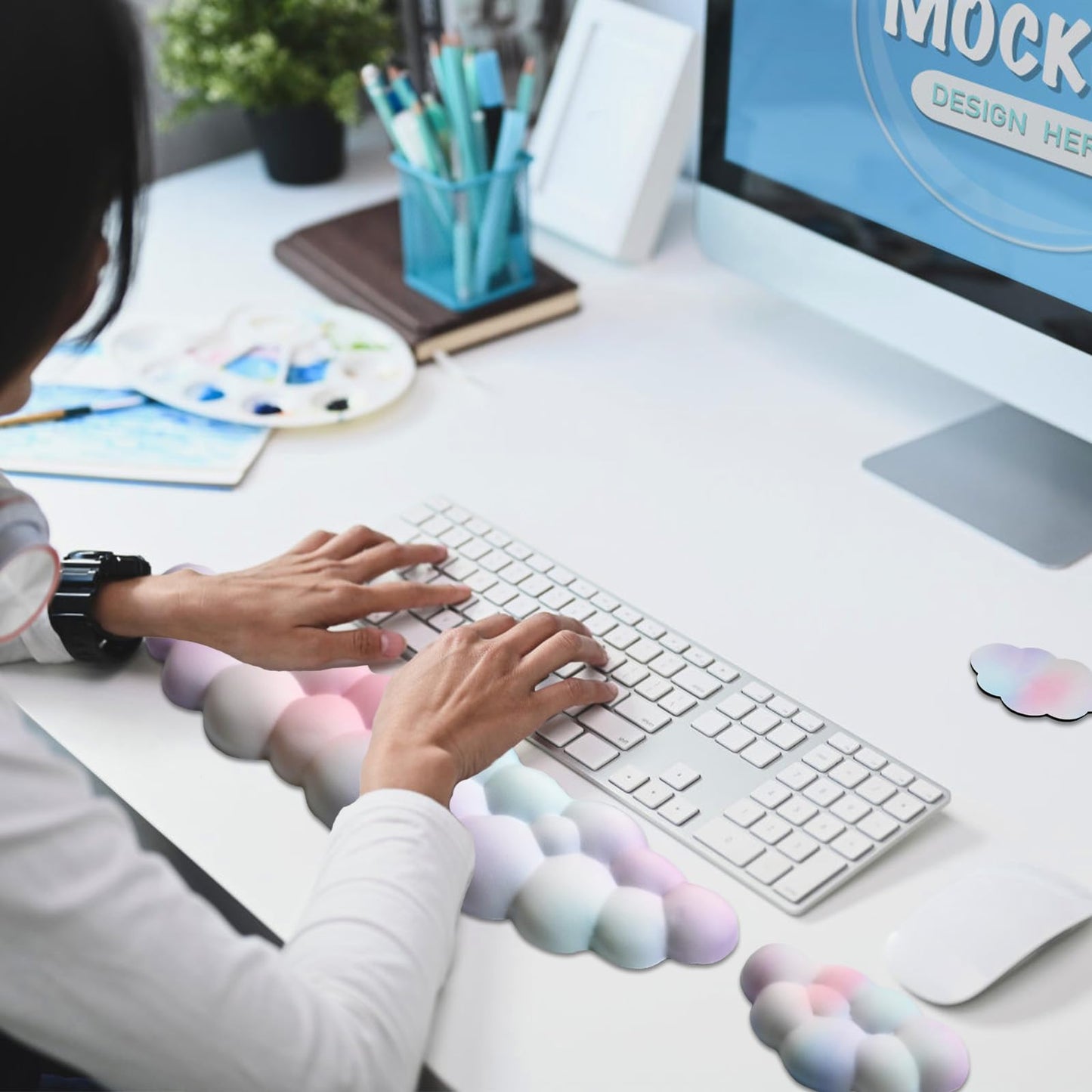 Cloud Wrist Rest Keyboard, PU Leather Memory Foam Wrist Support for Computer Keyboard, Ergonomic Keyboard Pad and Cute Mouse Wrist Pad for Gaming, Office, Computer, Easy Typing Pain Relief, Rainbow