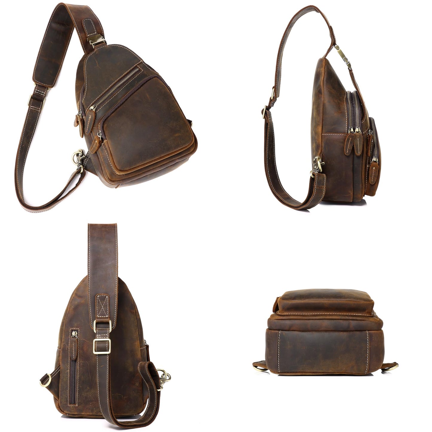 Vintage Full Grain Genuine Leather Sling Bag Men Women Crossbody Chest Shoulder Backpack Daypack Travel Hiking Deep Brown