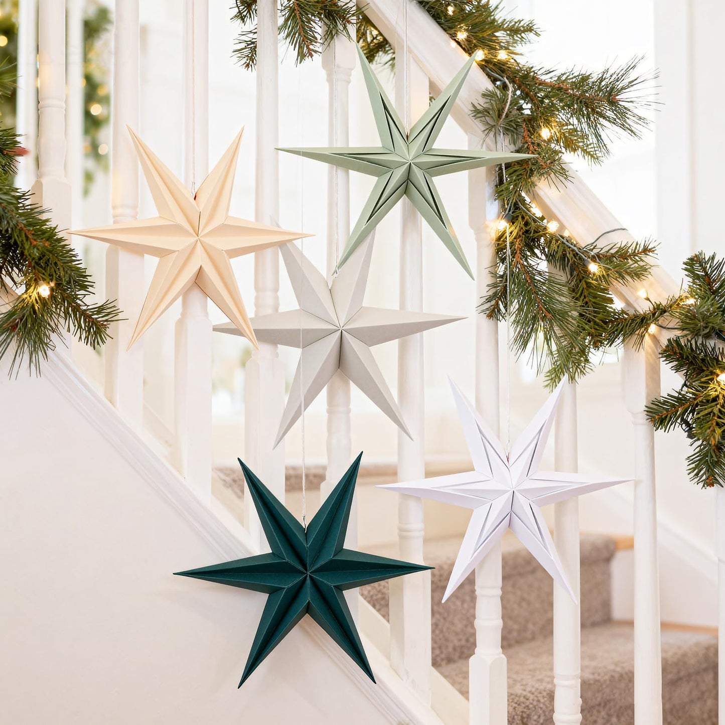 Paper Stars Christmas Party Decorations, 5PCS 6-Pointed Paper Star Hanging Decoration Set Holiday Decor Stars Shape Landerne for Birthday Party Tree Xmas Home Decor