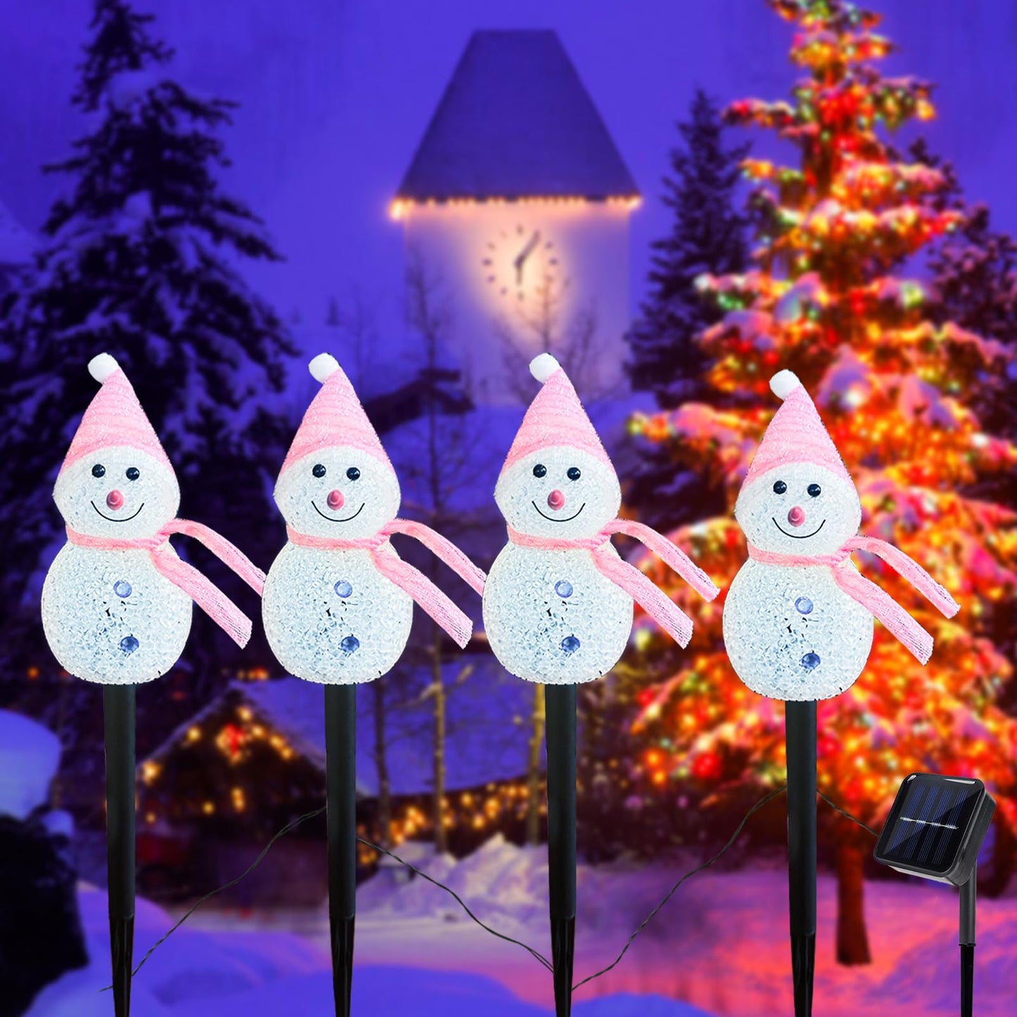 Taoushuleng Christmas Pink Snowman Pathway Lights, Solar Powered Snowman Light with 4 Stakes with 8 Lighting Modes for Pathway, Winter Yard, Garden Decor (Pink Snowman)