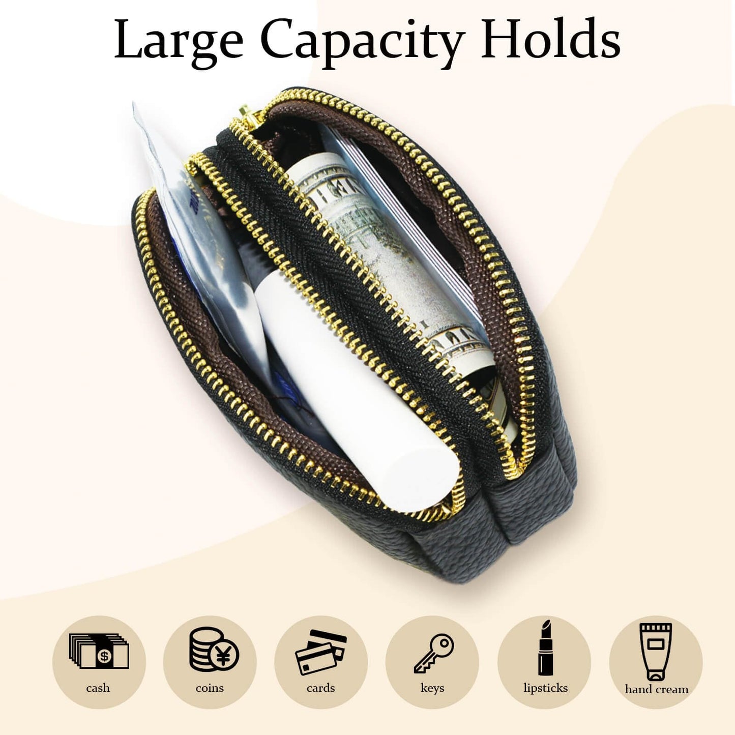 WOZEAH Leather Coin Purse for Women Small 2 Zipper Change Wallet with Key Ring Card Key Coin Cash Holder Pouch(Black)
