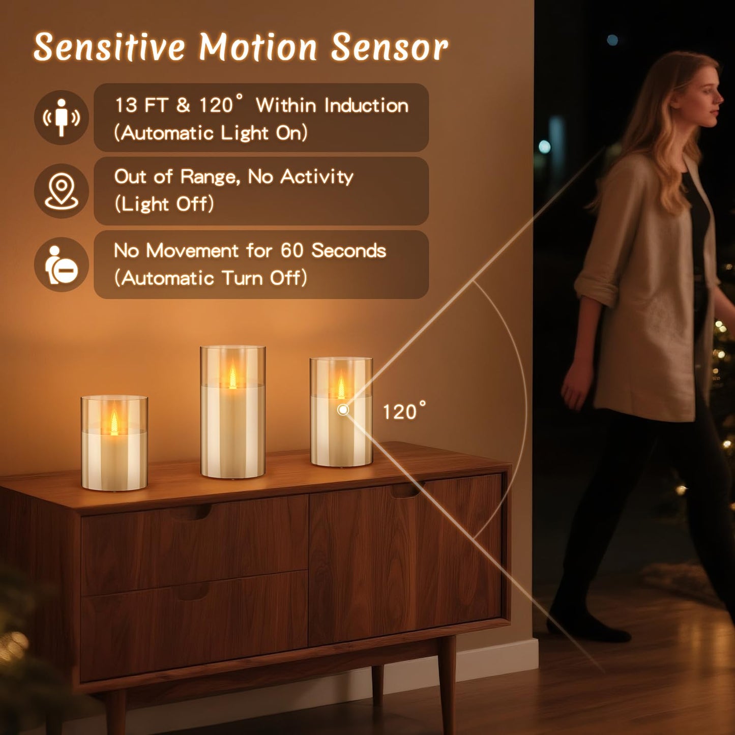 3PC Radar Motion Sensor Rechargeable Led Candles, Flameless Flickering Candle with Remote & Timer, Real Wax in Glass with Flickering Warm Light for Festival, Bedroom, christmas and party Decor-Amber