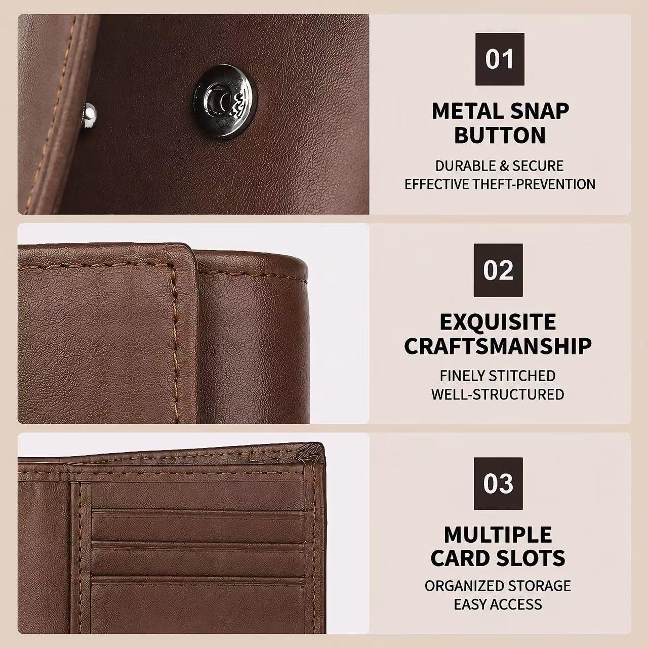 Woltic W Trifold Top Grain Slim Leather Wallet for Men Front Pocket Wallet with RFID Blocking,2 Cash Holders 2 ID Windows, 8 Credit Card Slots, Classic Style Gift For Men (Coffee Brown)