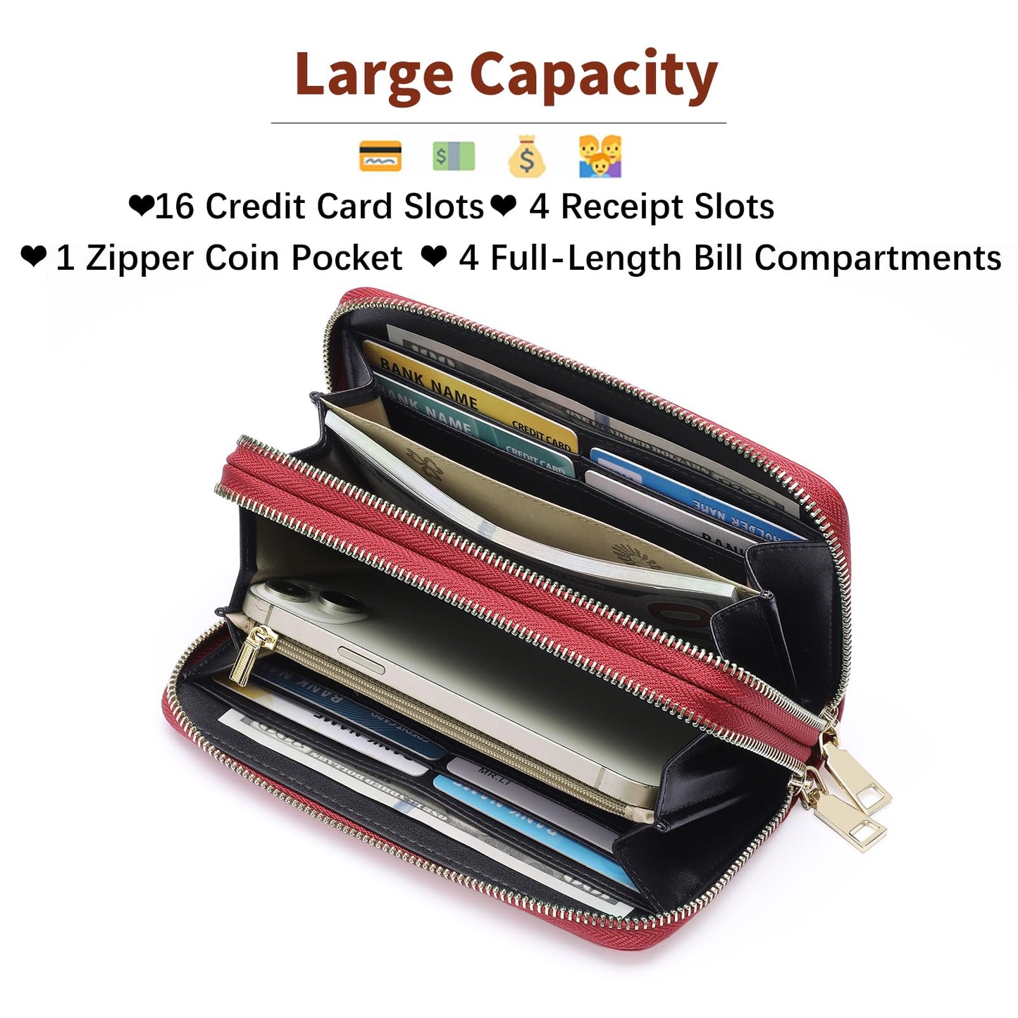 GOIACII Women's Wallet Large Capacity Double Zip Around Credit Card Holder Leather Ladies Wallet with RFID Blocking Phone Wristlet Purse Red