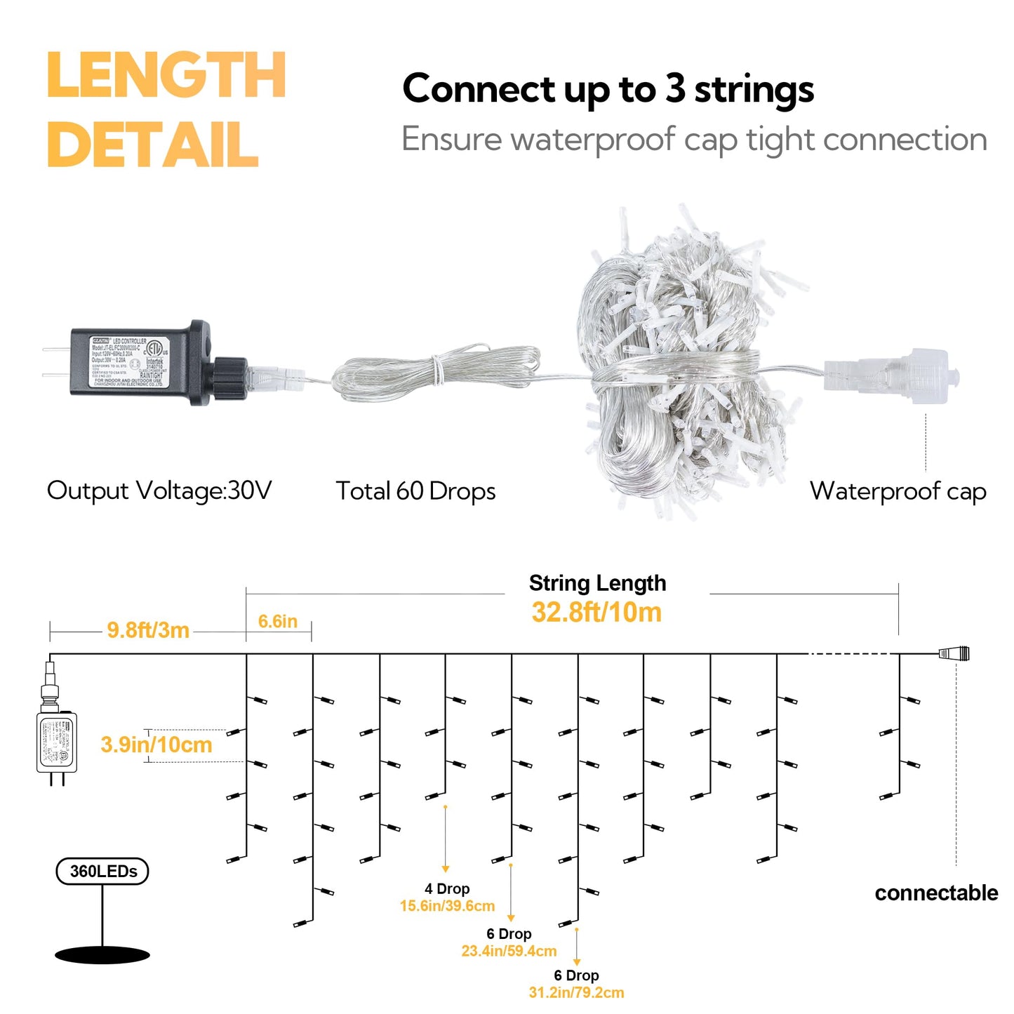 Hopolon 33FT 360L LED Christmas Icicle Lights Outdoor Waterproof,8 Modes Plug in Curtain String Lights with 60 Drops for Wedding, Party, Bedroom, Home, Garden, Wall Decorations(Warm White)