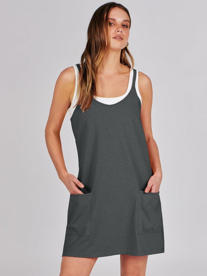 ANRABESS Women Athletic Dress Summer Tennis Workout Active Sports Mini Romper Dress Built in Shorts Travel Vacation Clothes Deep Gray XX-Large
