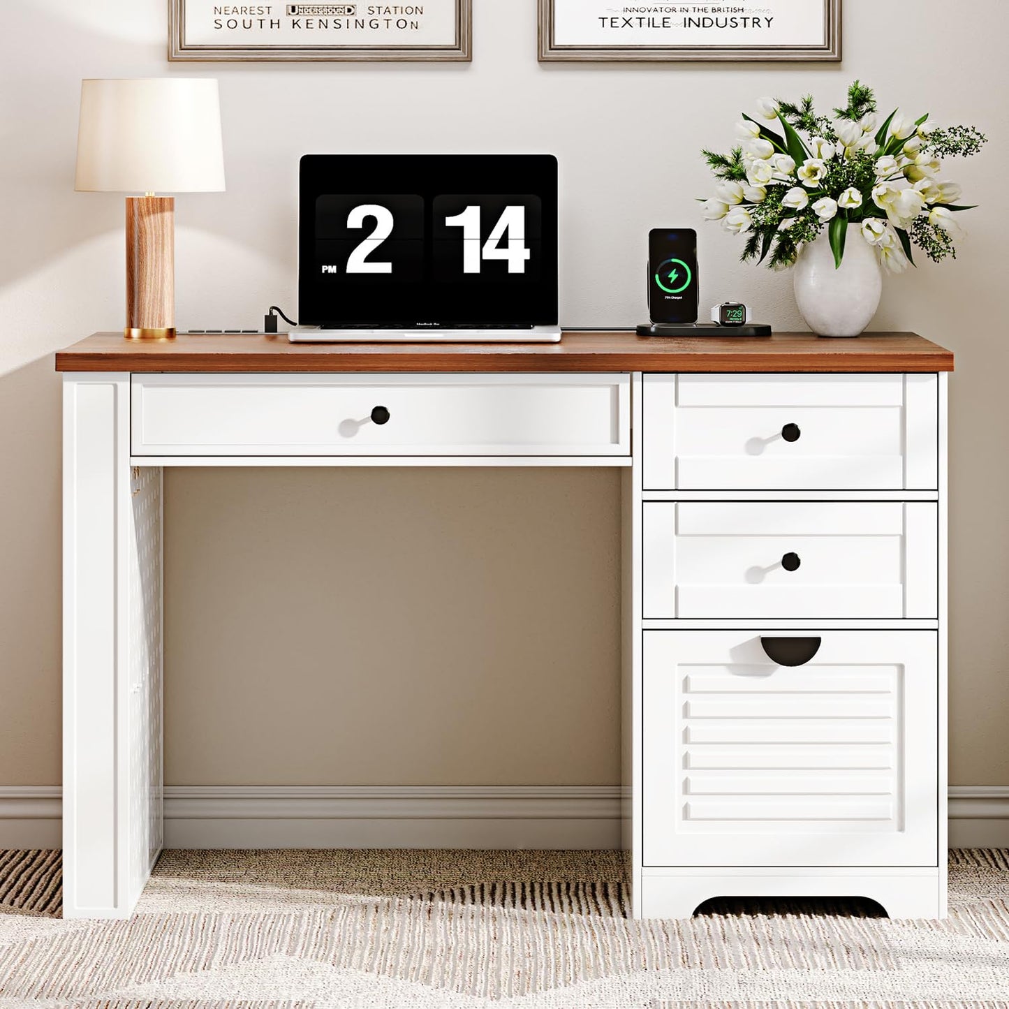 Ieejdn 47" Home Office Desks, Executive Desk, Farmhouse Computer Desk with Drawers and Charging Station, File Drawer, Storage Cabinet, Rustic Computer Writing Desk,Antique White
