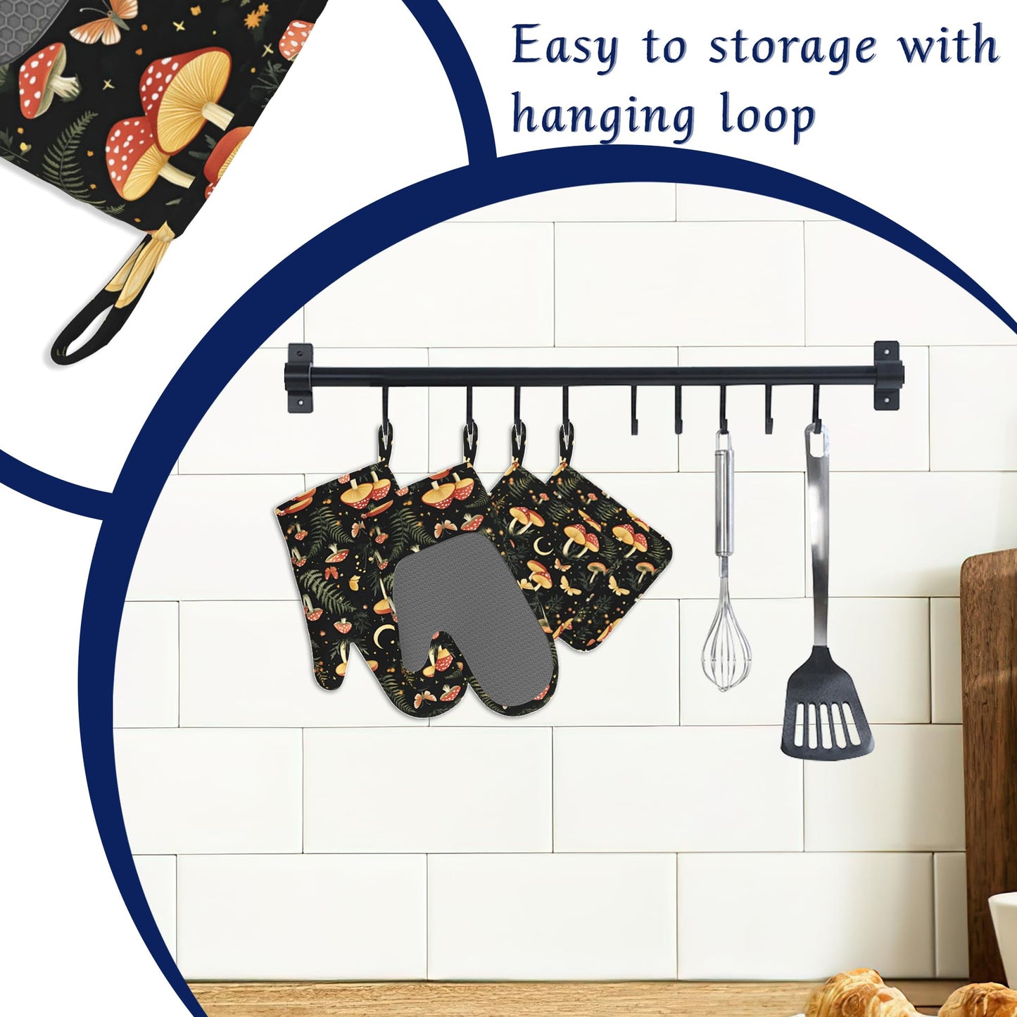 Boho Mushrooms Oven Mitts and Pot Holders Sets of 4 Wildflowers Butterfly Heat Resistant Silicone Oven Mits Gloves Non-Slip Kitchen Mittens Potholders for Cooking Baking Grilling BBQ