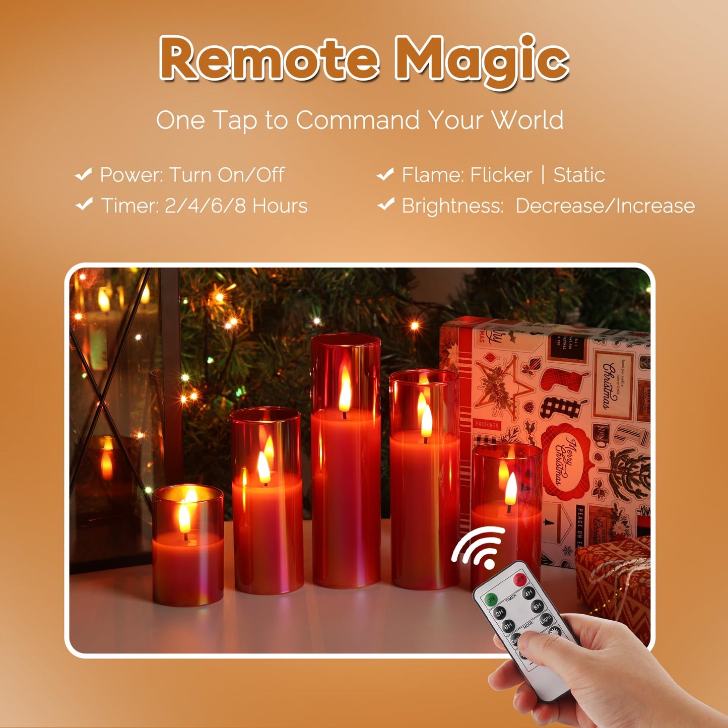 Girimax Red Glass Flameless Candles with Remote Batteries, Flickering Christmas LED Pillar Candles Set of 5