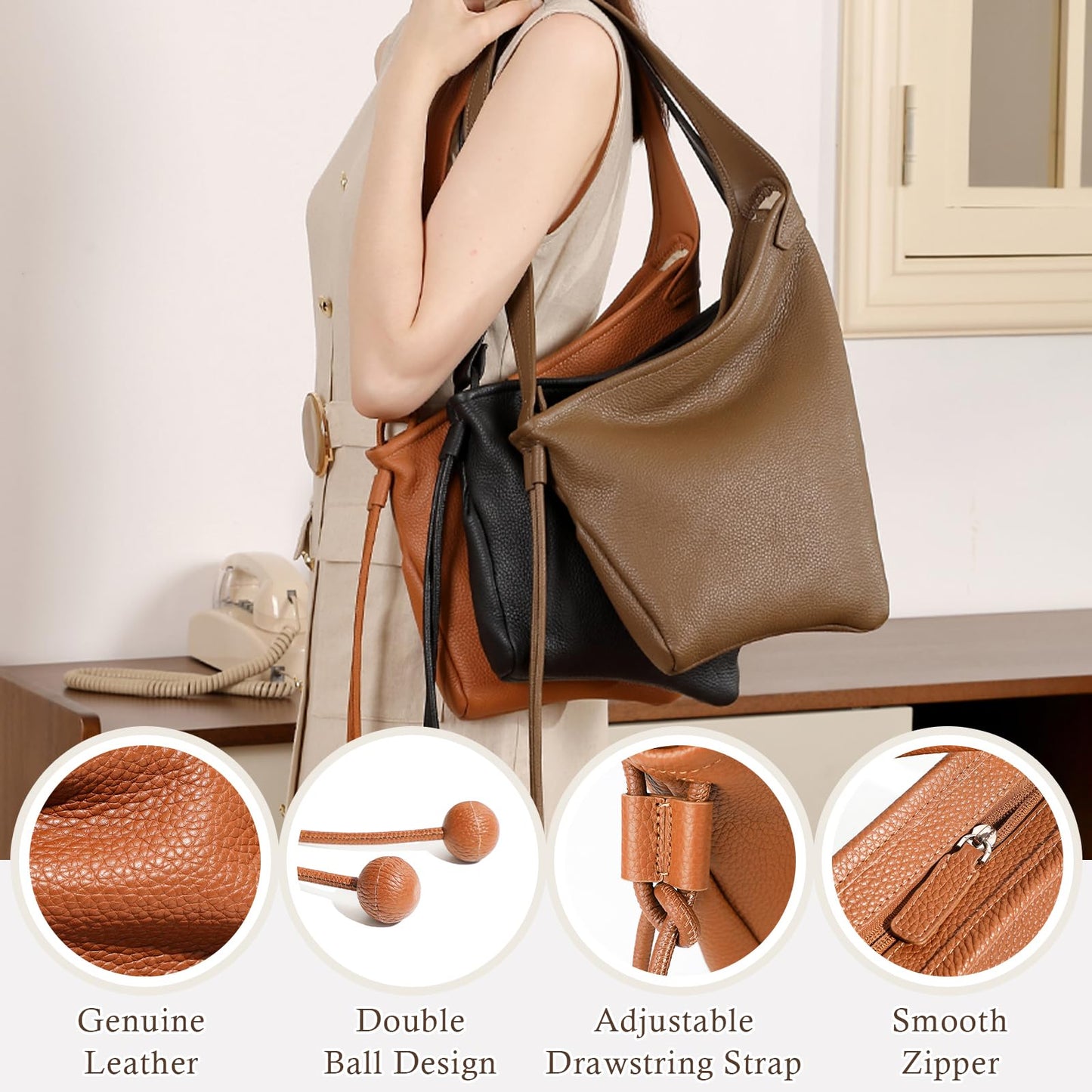 MFFOR Genuine Leather Hobo Bags, Purses for Women, Medium Tote Handbags, Slouchy Shoulder Purse with Adjustable Strap(Golden Brown)