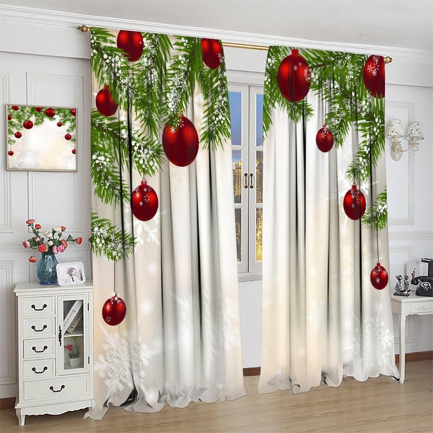 ICMOLYYENLO Merry Christmas Curtains, Red Balloons with Pine Fir Tree Holiday Season Art Print Living Room Bedroom Curtains 42x44 Inch