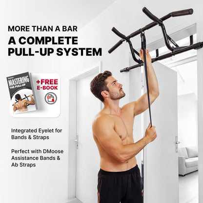 DMoose Fitness Pull Up Bar for Doorway with Pull Up Band - 250 lb Capacity, No Screws, Multi-Grip Chin Up Bar for Home Workouts, Upper Body & Strength Training - Includes Installation Guide