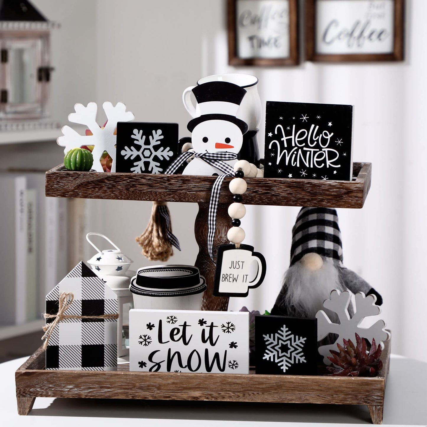 Sawysine 8 Pieces Winter Tiered Tray Decor, Let It Snow Sign Decor Farmhouse Snowflake Wooden Signs for Holiday Shelf Kitchen Coffee Bar(Black, White)