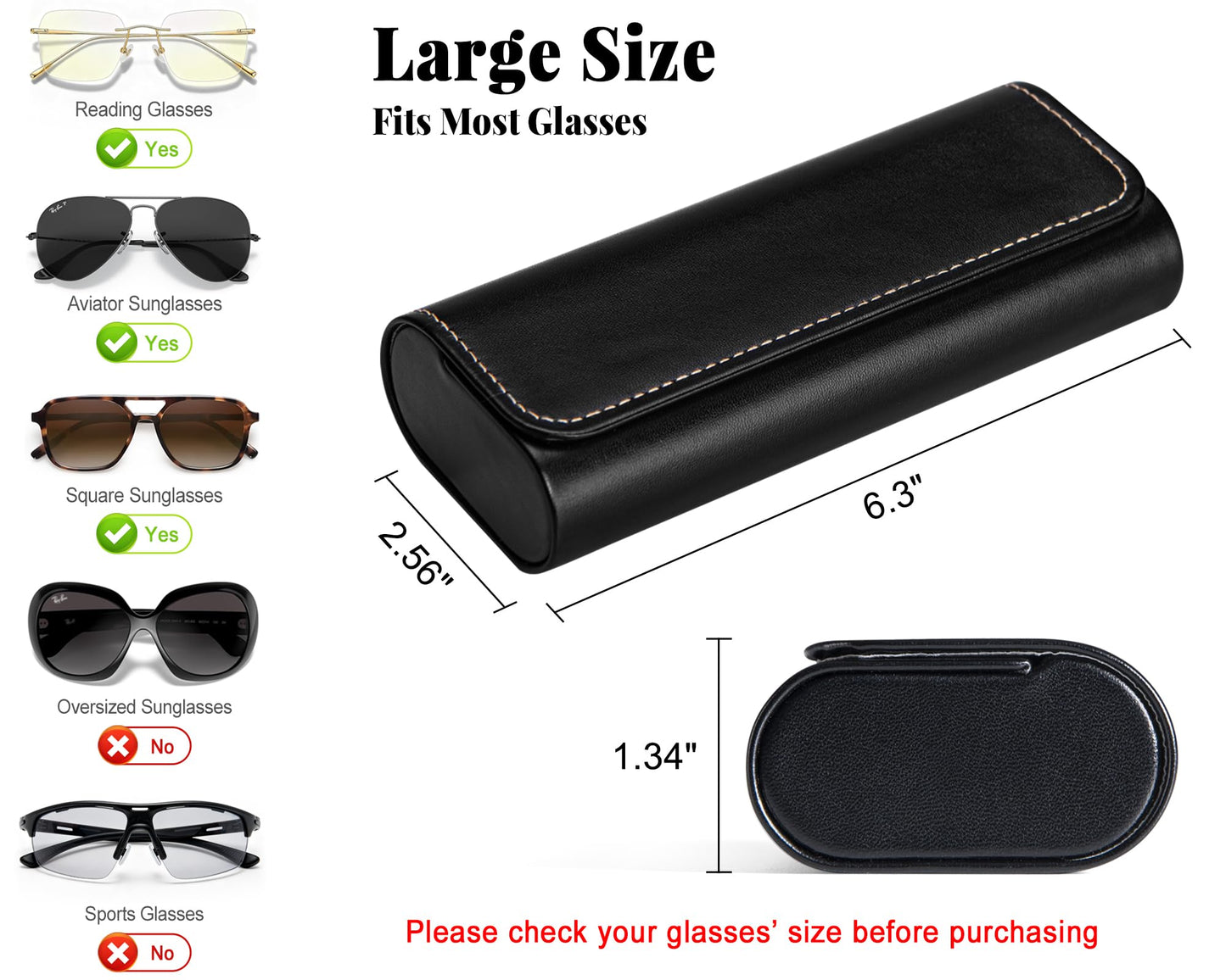 RayLove Glasses Case Hard Shell, Travel Sunglasses Case, Leather Hard Eyeglass Case for Women, Reading Glasses Case for Men (Faux Leather, Black)