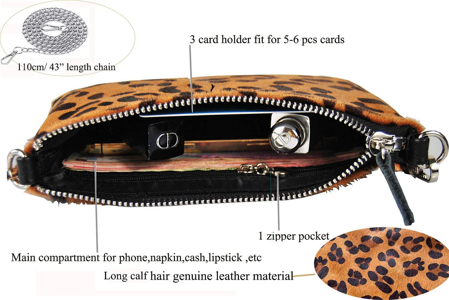 Leopard Print Purse [ Calf Hair on Hide Leather] Fur Clutch [Luxury Exclusive] Wild Animal Pattern Vintage [Small] Evening Bag Winter Envelope Chain Underarm