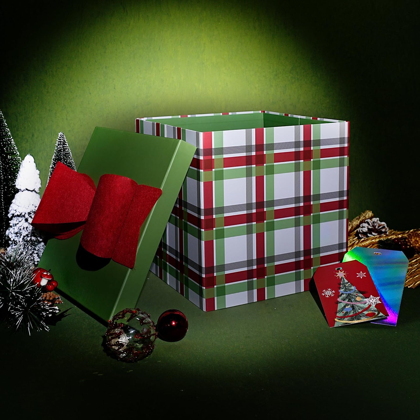 LaRibbons Large Christmas Gift Boxes with Lids,10x10x10 Inches Plaid Design Folding Square Gift Boxes for Christmas Decorative,Xmas,Present,Storage,Red and Green