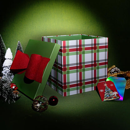 LaRibbons Large Christmas Gift Boxes with Lids,10x10x10 Inches Plaid Design Folding Square Gift Boxes for Christmas Decorative,Xmas,Present,Storage,Red and Green