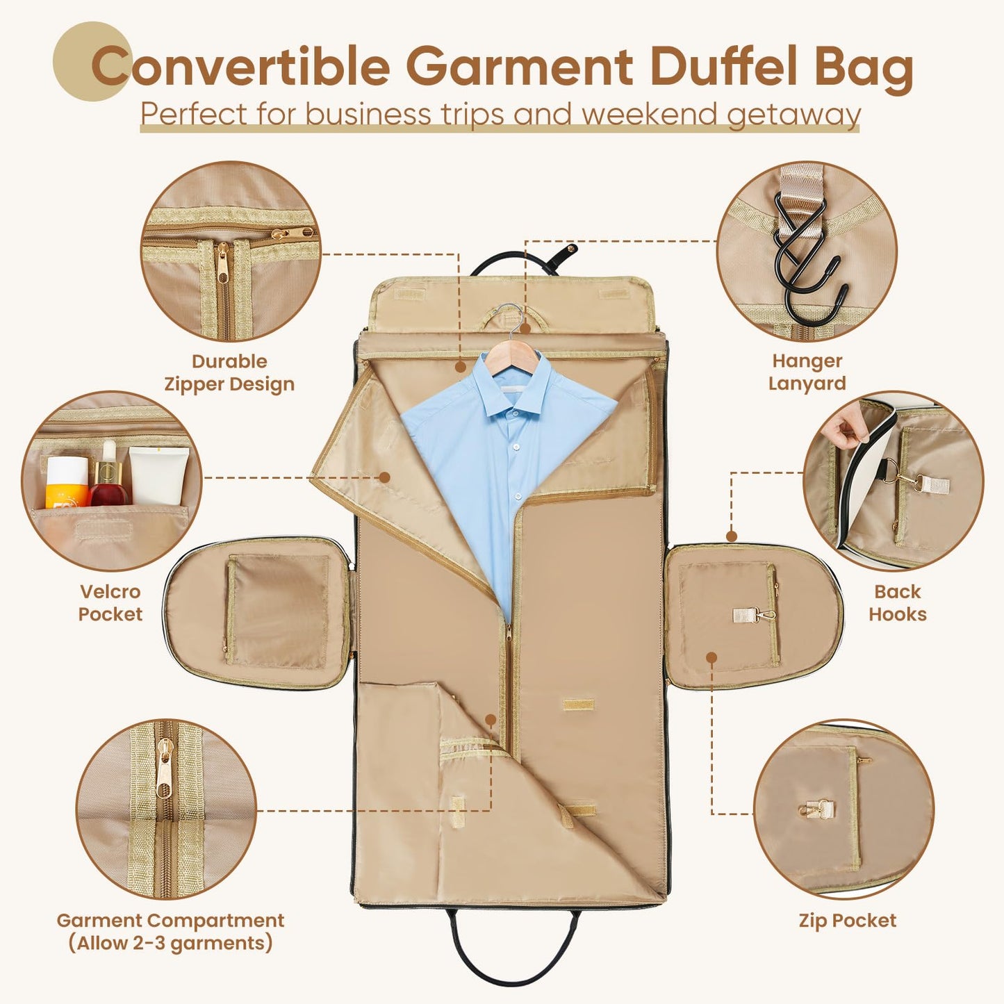 CSUNNUFA Convertible Garment Bag for Travel, Carry on Garment Duffel Bags with Shoe Pouch Weekender Bag for Men Women 2 in 1 Hanging Suitcase Suit for Business Trip, Vacation (Beige)
