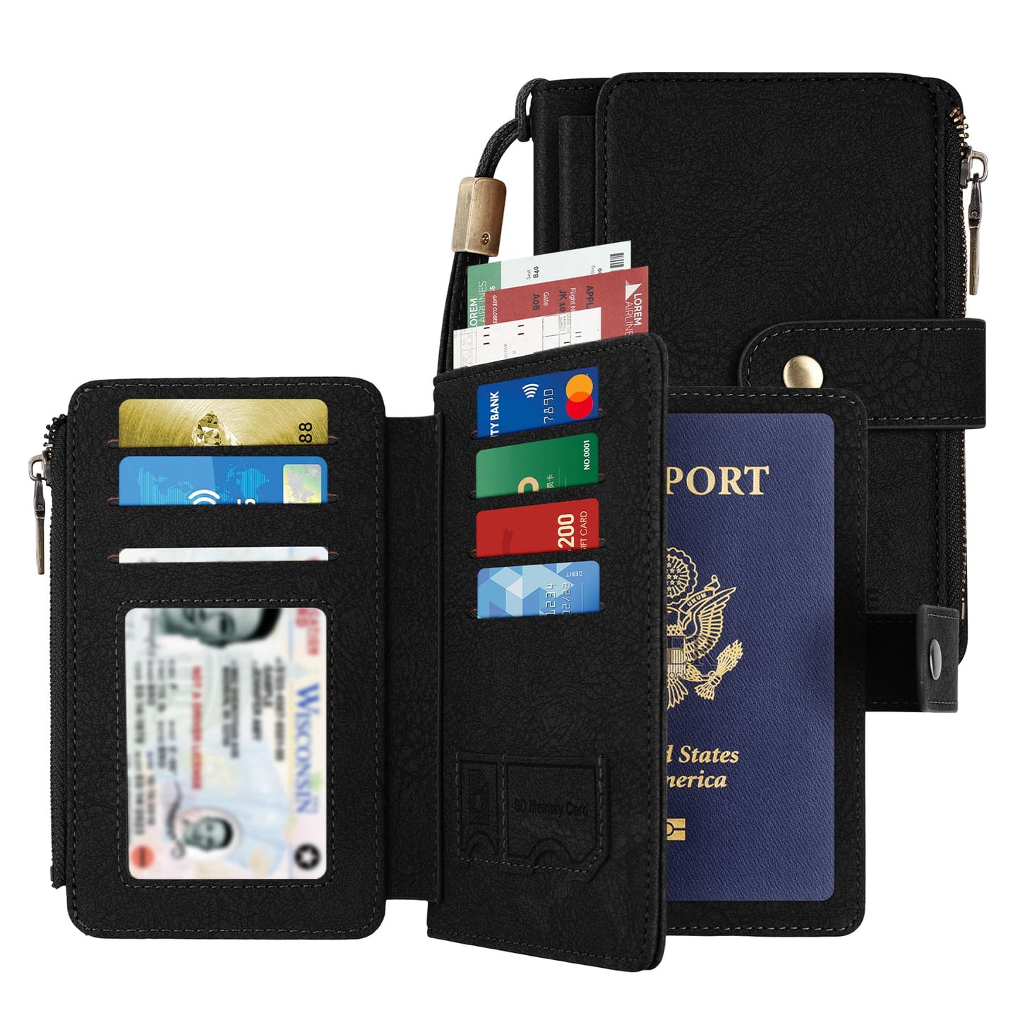 Likesing RFID Blocking Passport Book Holder, Leather Passport Holder for Women/Men, Cute Travel Wallets with Card ＆ SIM Slots, Photo Pocket, Zippered Coin Cash Pocket Passports Cover(Black
