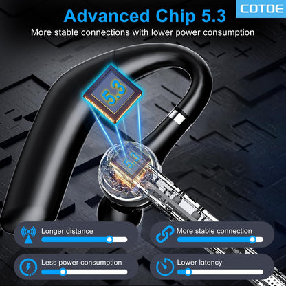 COTOE Bluetooth Headset V5.3, Wireless Earpiece with 500mAh Charging Case 72Hrs Talking Time Hand-Free Headphones with Noise Canceling Mic for Office/Driving/Business,Black