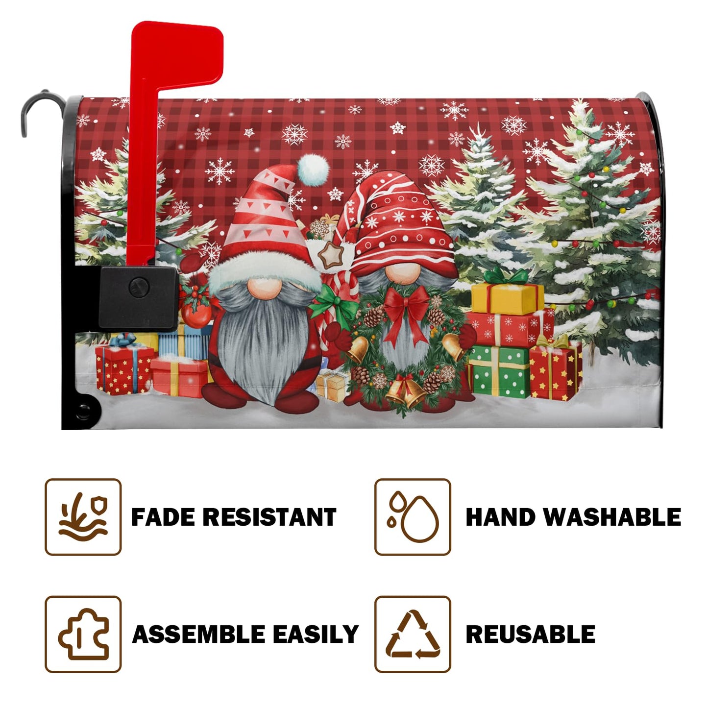 Christmas Winter Gnomes Mailbox Covers Magnetic Buffalo Plaid Xmas Gift Winter Tree Snowflake Mailbox Cover 21" X 18" Waterproof Mail Box Covers Magnetic Standard Size for Yard Home Decor