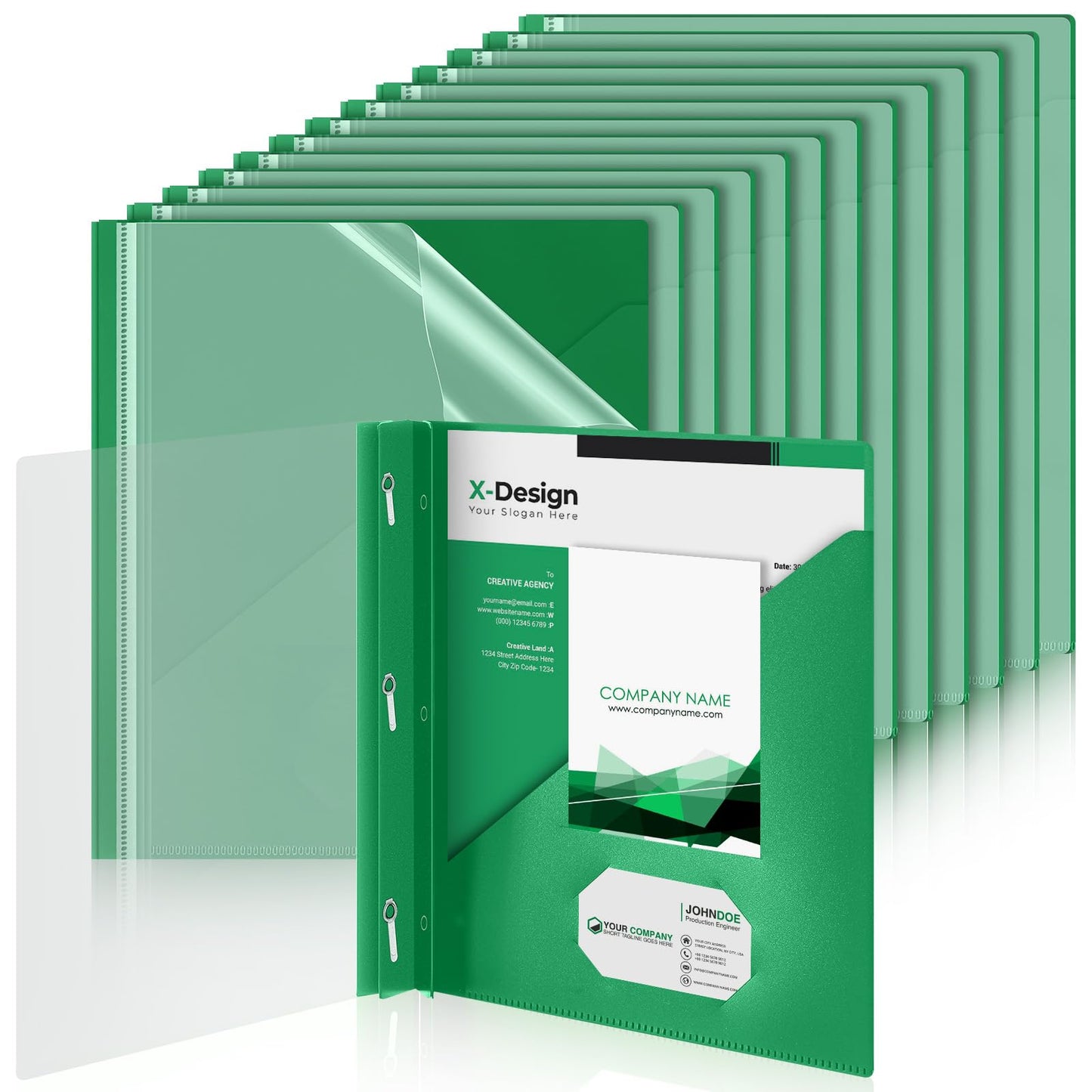 Teling 24 Pcs Clear Front Report Covers with 3 Prongs, Suit for A4/8.5'' x 11'' Letter Size Paper, Plastic Green Presentation Folders Bulk, 90 Sheet Capacity, for School Business